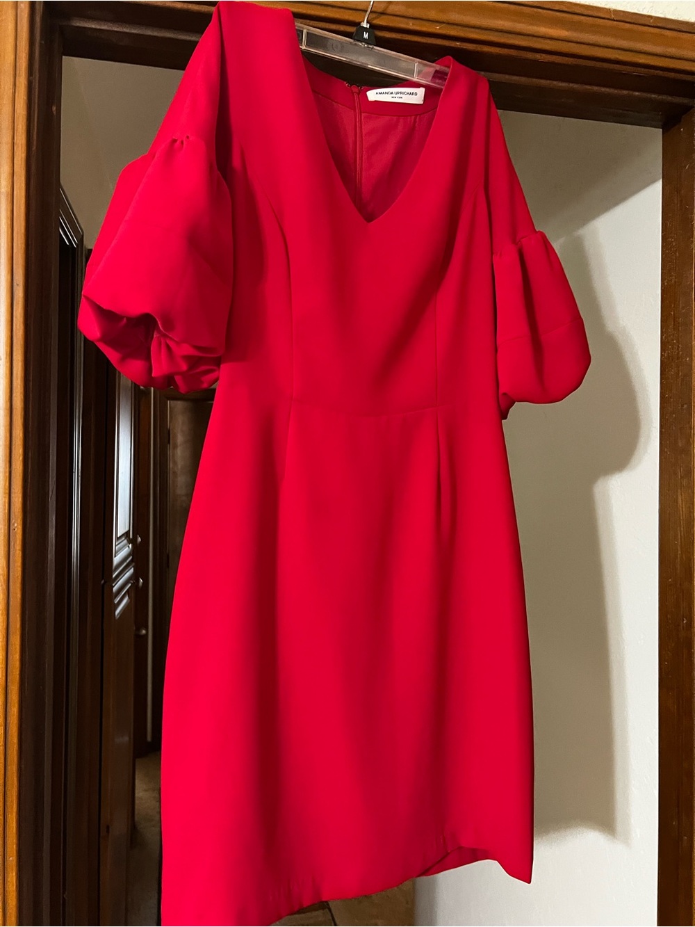 Amanda Uprichard Red V-Neck Midi Dress with Puff Sleeves
